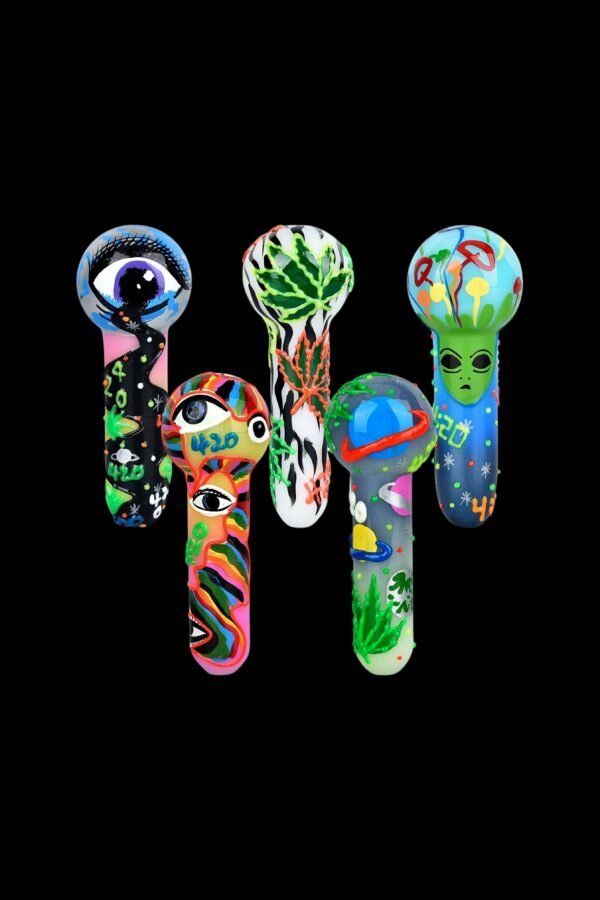 420 Painted Glow In The Dark Glass Hand Pipe - 6ct Bundle