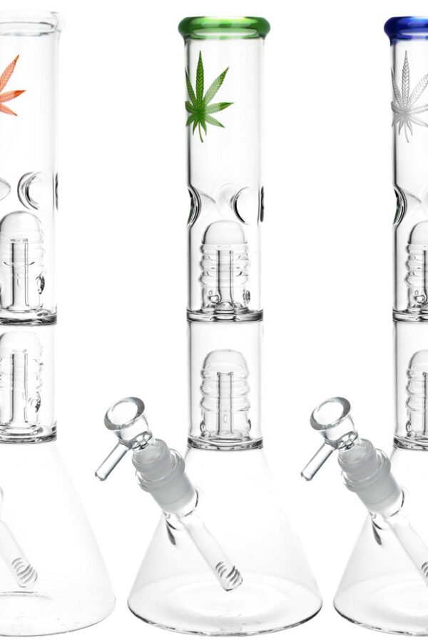 Double Stacked Hemp Leaf Beaker Water Pipe - 12"" / 14mm F / Colors Vary