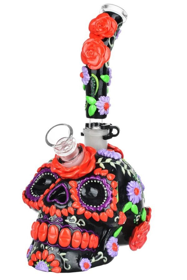 Heavy Flowered Sugar Skull Glass Water Pipe - 10"" / 19mm F