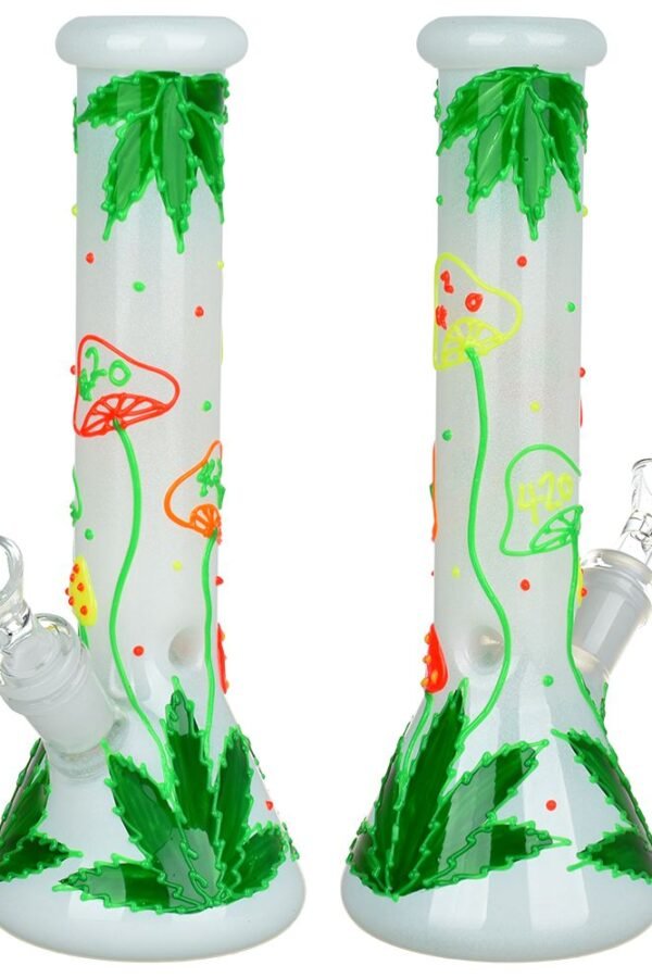 Hemp Leaf & Shrooms Glow In The Dark Bong - 9.5"" / 14mm F