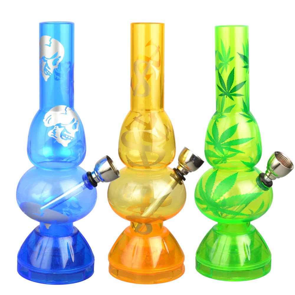 Mini Acrylic 2 Bubble Water Pipe w/ Built in Grinder Base - 6.75"" / Assorted Designs