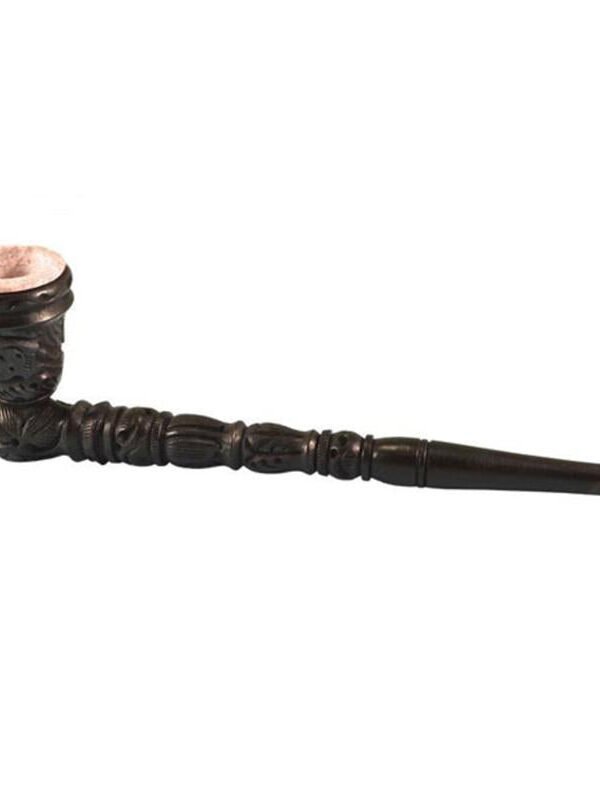 Carved Wood Hand Pipe w/ Stone Bowl / 11 Inch