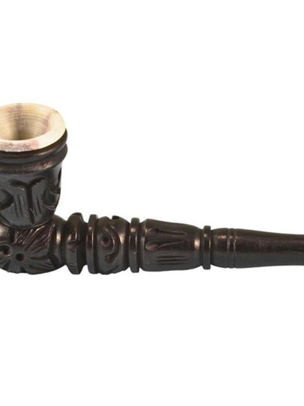 Carved Wood Hand Pipe w/ Stone Bowl