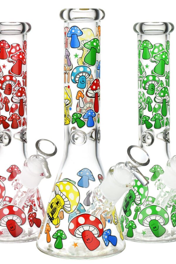 Glow Mushroom Beaker Water Pipe - 10""/14mm F/Clrs Vry