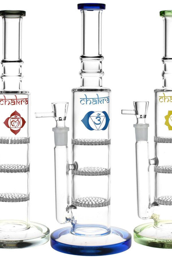 Rising Awareness Chakra Glass Water Pipe - 12"" / 14mm F / Colors Vary