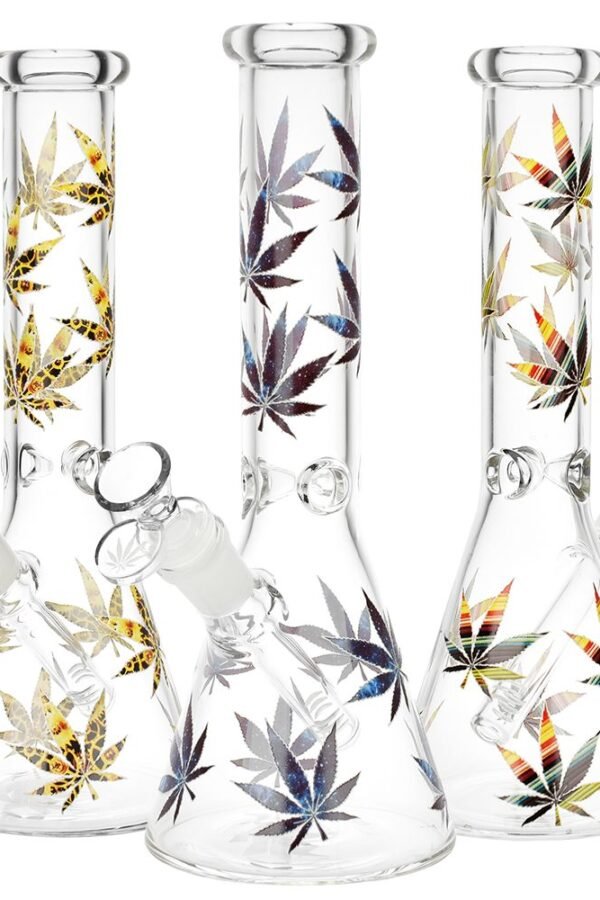 Stylized Hemp Leaf Glow in Dark Glass Water Pipe - 10"" / 14mm F / Colors Vary