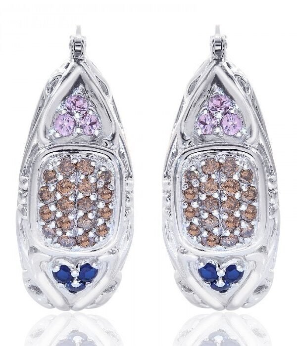 0.75 Carat Chocolate Cognac Diamonds, Sapphires Puffy Oval Hoop 14K White Gold