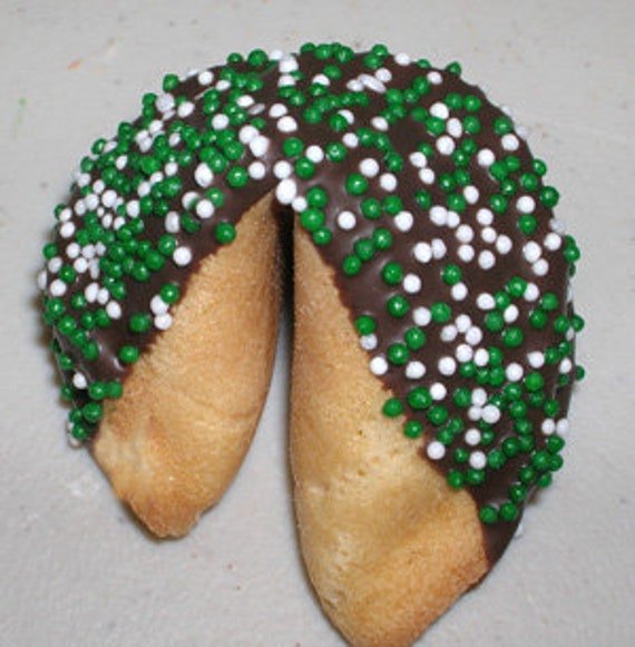 1 Milk Chocolate Dipped Fortune Cookie With Green & White Sprinkles, Birthday, Party, Celebration, Corporate, Sand, Sparkle, Bling