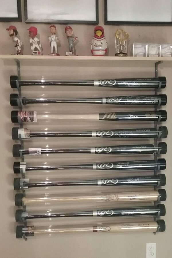 10 Bat Baseball Display Rack with Wood Shelf