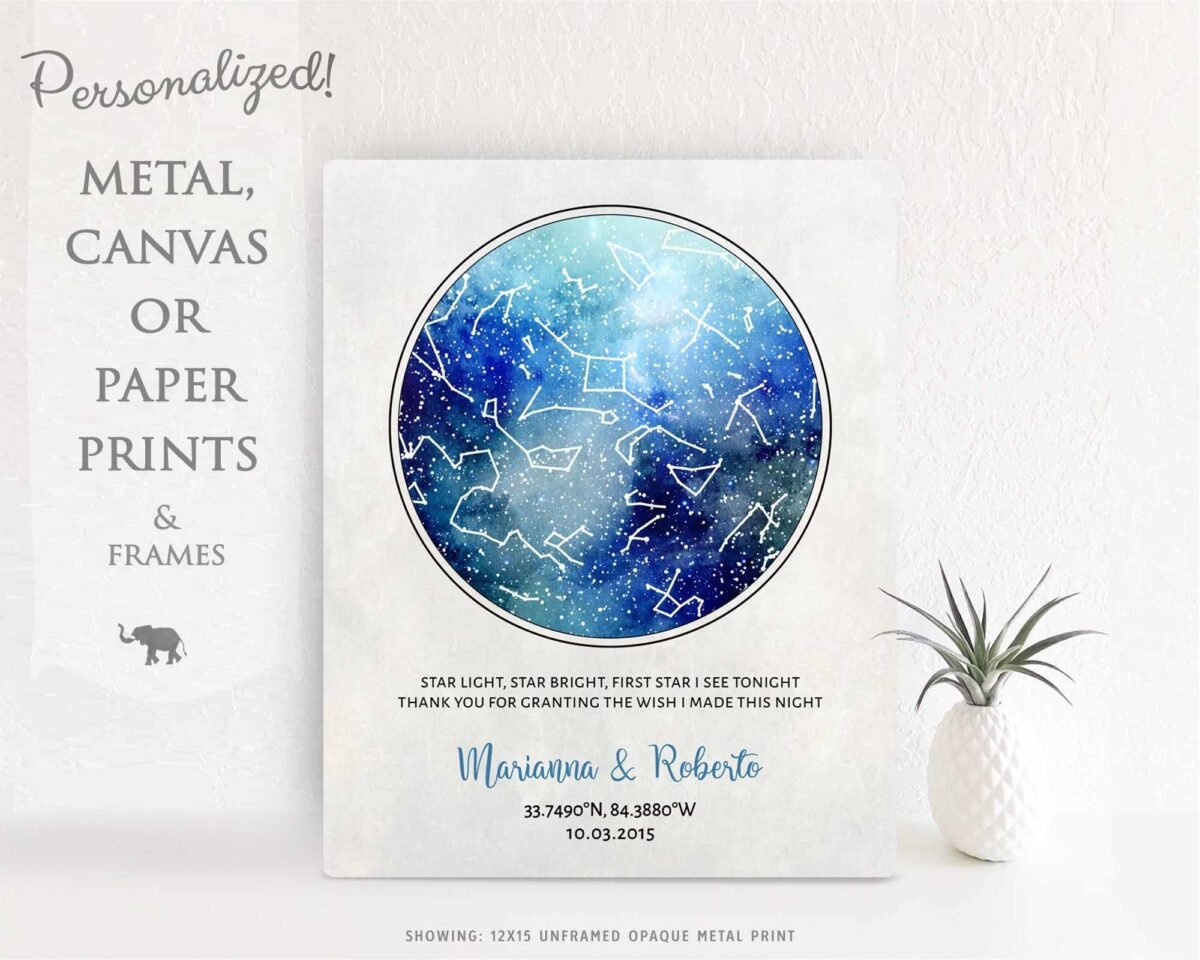 10 Year Anniversary Gift Custom Sky Art Personalized Star Map Celestial Watercolor Night Print On Tin Canvas Or Paper #1750