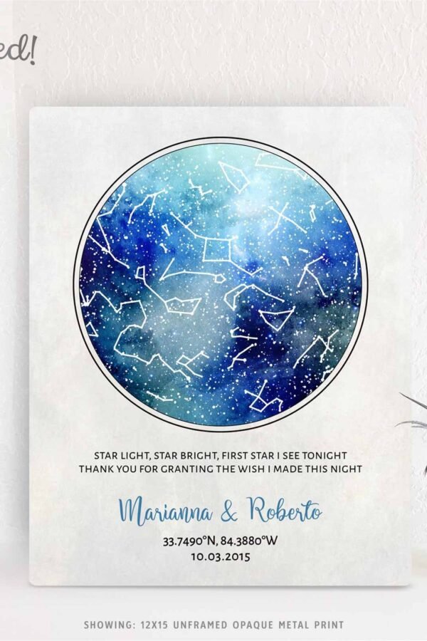 10 Year Anniversary Gift Custom Sky Art Personalized Star Map Celestial Watercolor Night Print On Tin Canvas Or Paper #1750