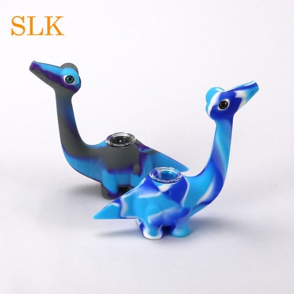 10 color Silicone dinosaur Bubbler Hand Pipe FDA Silicone Smoking Pipe with Glass Bowl Wax Down stem Tobacco Bong