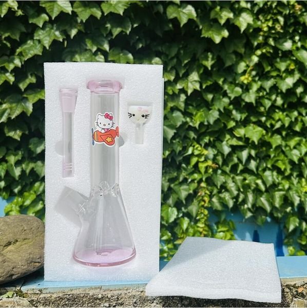 10'' pink Kitty Bong cute Hookah glass smoking KT beaker bottom clear tube small water pipe colorful mouth 14 mm female joint and bowl