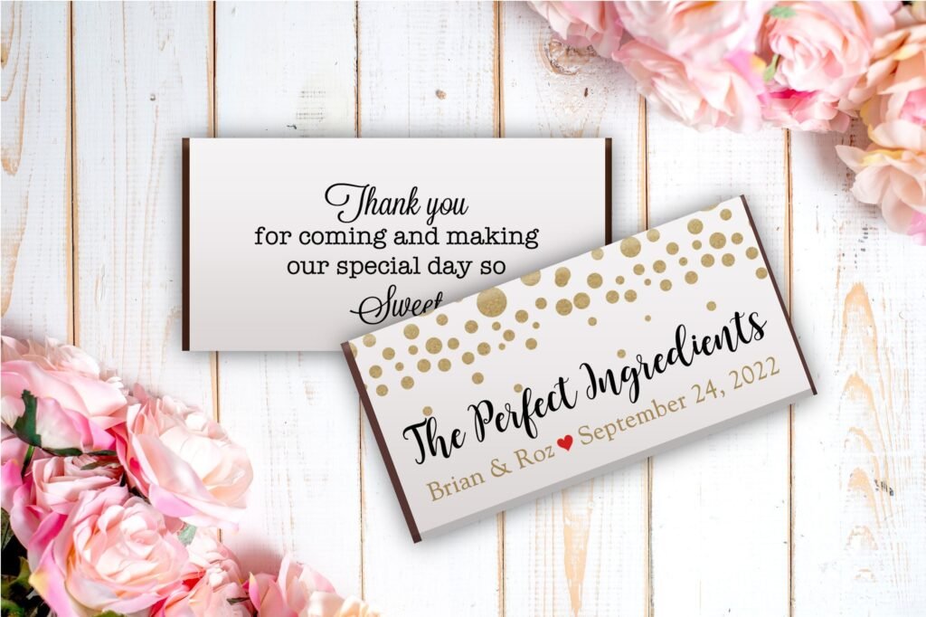 12 Large Personalized Chocolate Candy Bar Wrappers - Bridal Shower Favor Wedding Decor Gold Dots