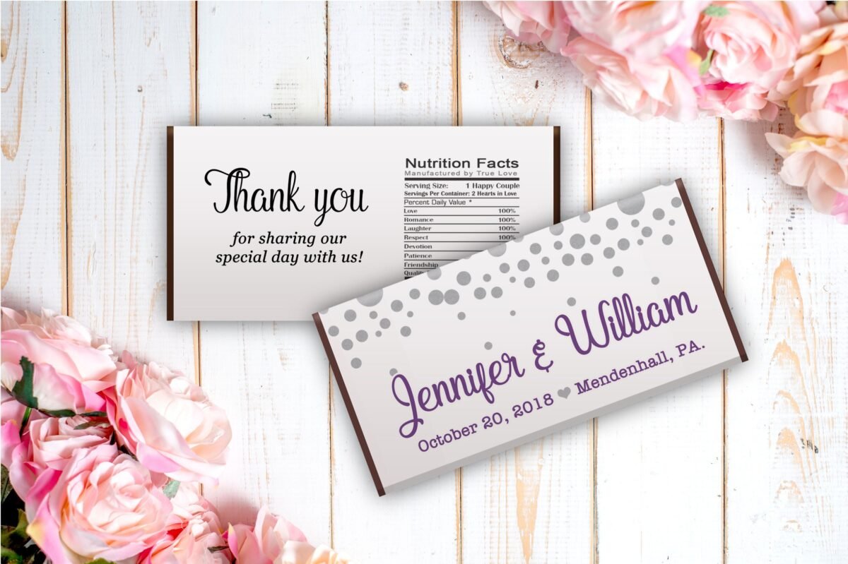 12 Large Personalized Chocolate Candy Bar Wrappers - Bridal Shower Favor Wedding Décor Silver Dots