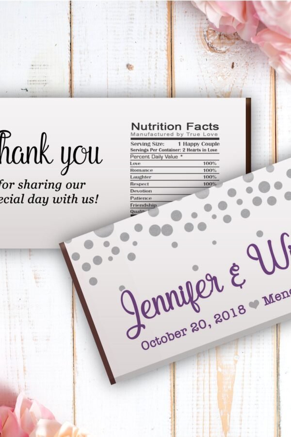 12 Large Personalized Chocolate Candy Bar Wrappers - Bridal Shower Favor Wedding Décor Silver Dots