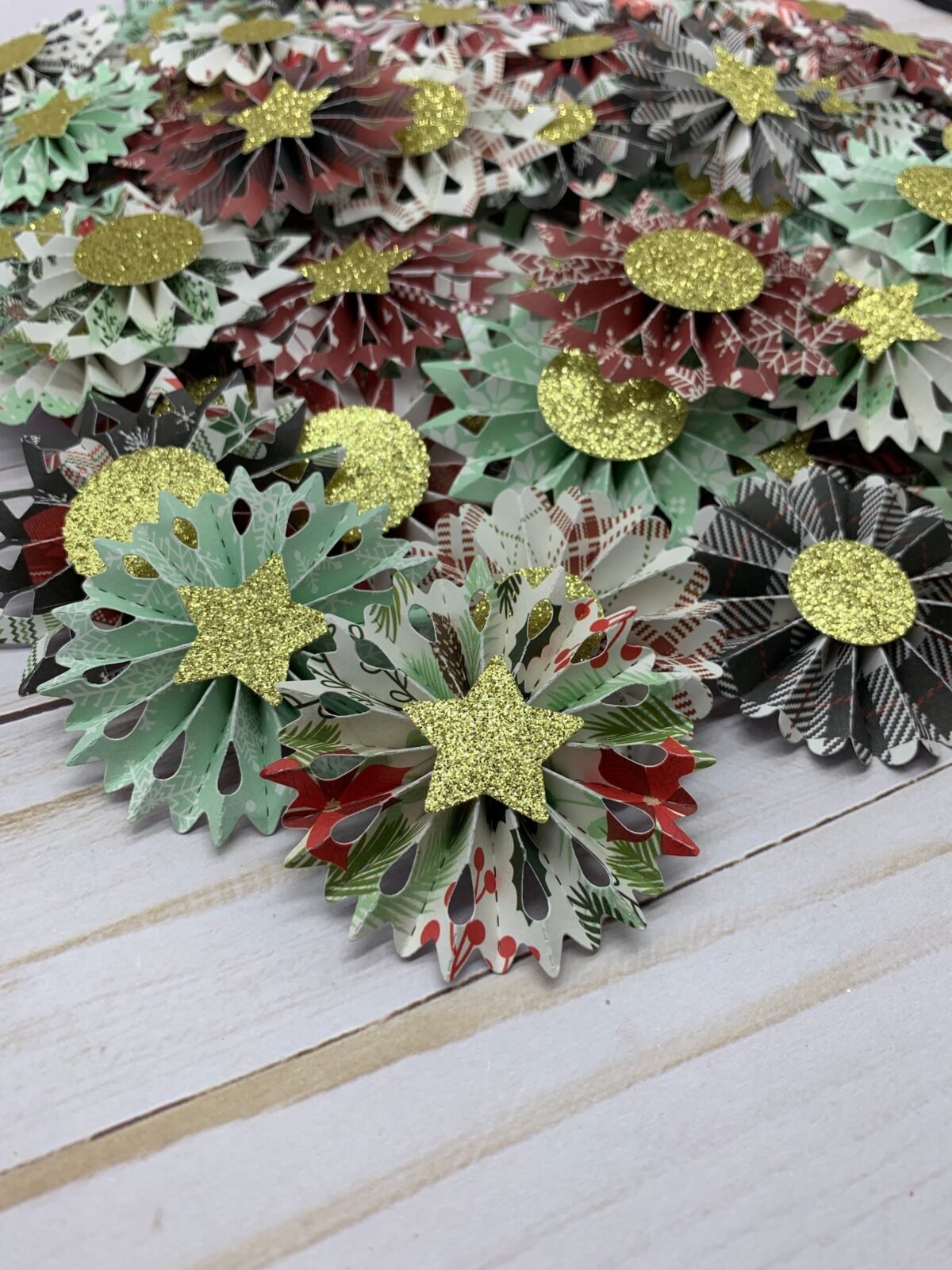 12 Random Handmade Mini Paper Rosettes - Medallion/Accordion Flowers Party Pinwheels Embellishments Planners Christmas Holiday