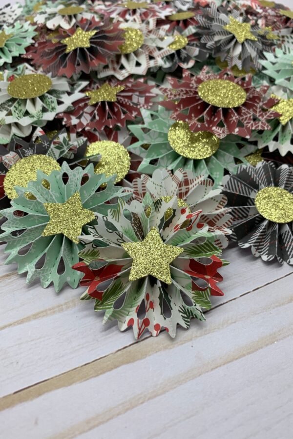 12 Random Handmade Mini Paper Rosettes - Medallion/Accordion Flowers Party Pinwheels Embellishments Planners Christmas Holiday