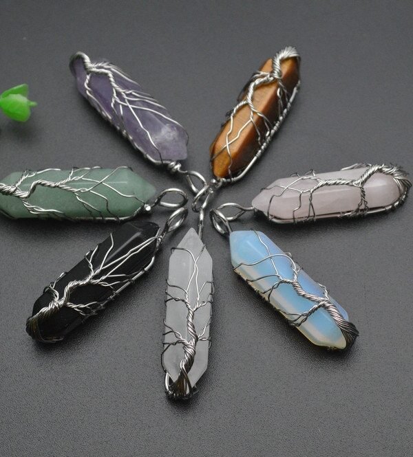 1Pc Or 5Pc Wire Wrapped Natural Amethyst Rose Quartz Black Obsidian Stone Pillar Point Pendant