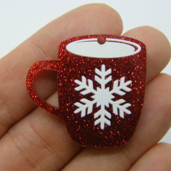 2 Hot Chocolate Mug Snowflake Red Glitter Acrylic S Charms Ct68
