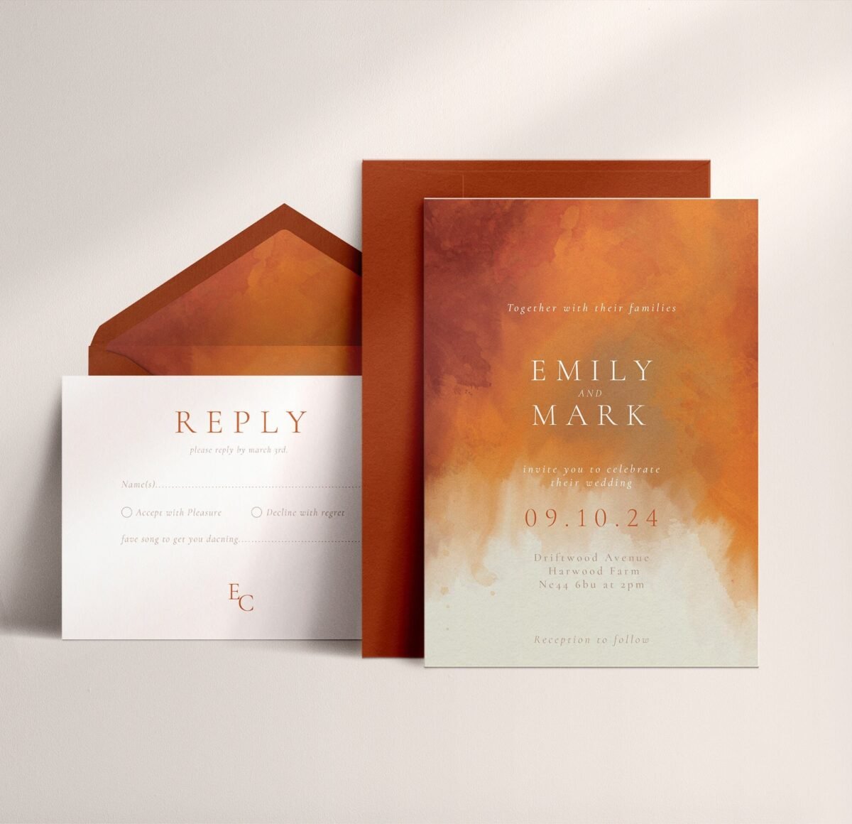 2-Piece Burnt Orange Wedding Invitation + Rsvp, Terracotta Wedding, Watercolour Invitations, Rust Autumn, Fall