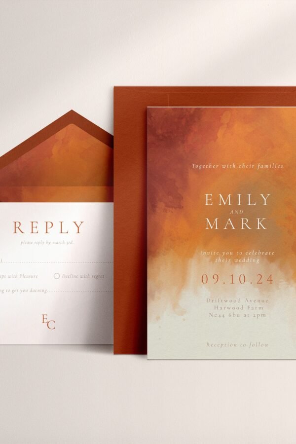 2-Piece Burnt Orange Wedding Invitation + Rsvp, Terracotta Wedding, Watercolour Invitations, Rust Autumn, Fall