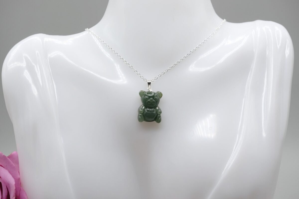 20mm Jadeite Natural Forest Green Jade Teddy Bear 925 Sterling Silver Pendant Necklace