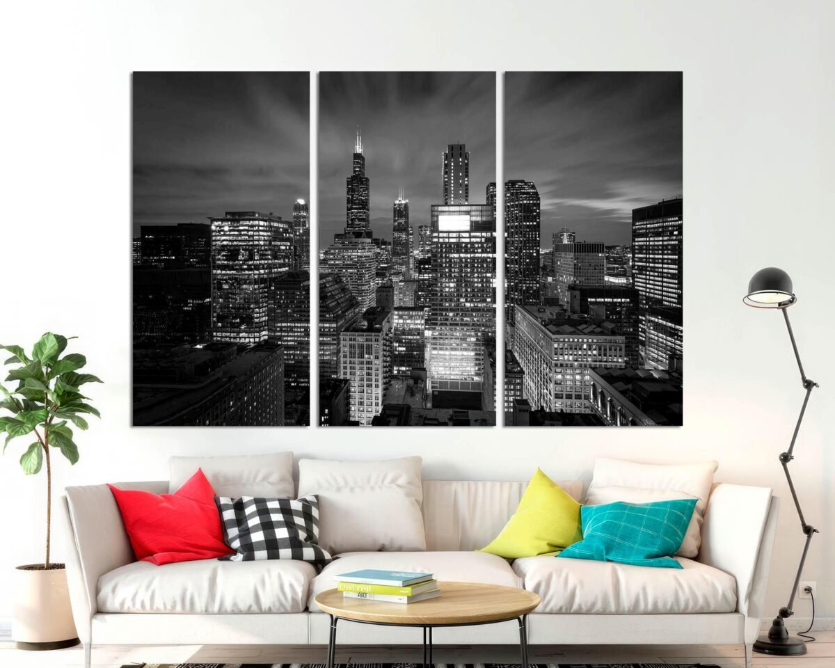 3-Panel Canvas, Chicago Skyline Large Wall Art, At Night Downtown Print, Modern Art On Canvas Ready To Hang