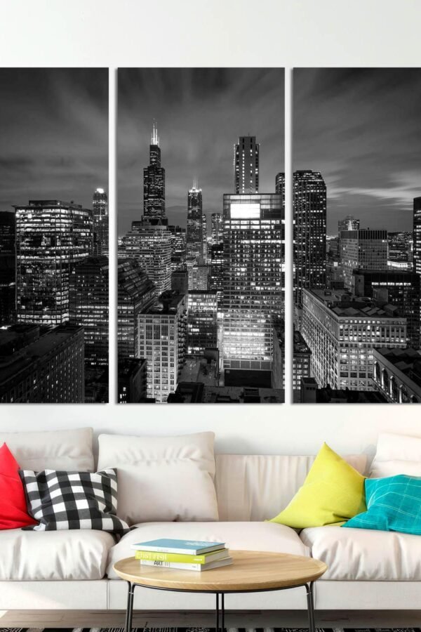 3-Panel Canvas, Chicago Skyline Large Wall Art, At Night Downtown Print, Modern Art On Canvas Ready To Hang