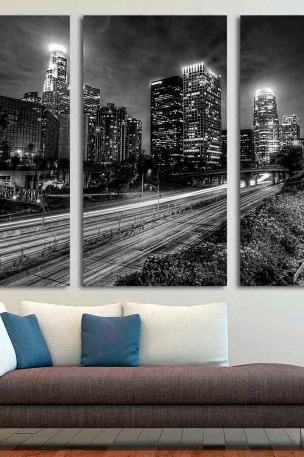3-Panel Canvas, Downtown Los Angeles, Angeles Night, La City Skyline, Palm Trees in California Scenery, Ready To Hang