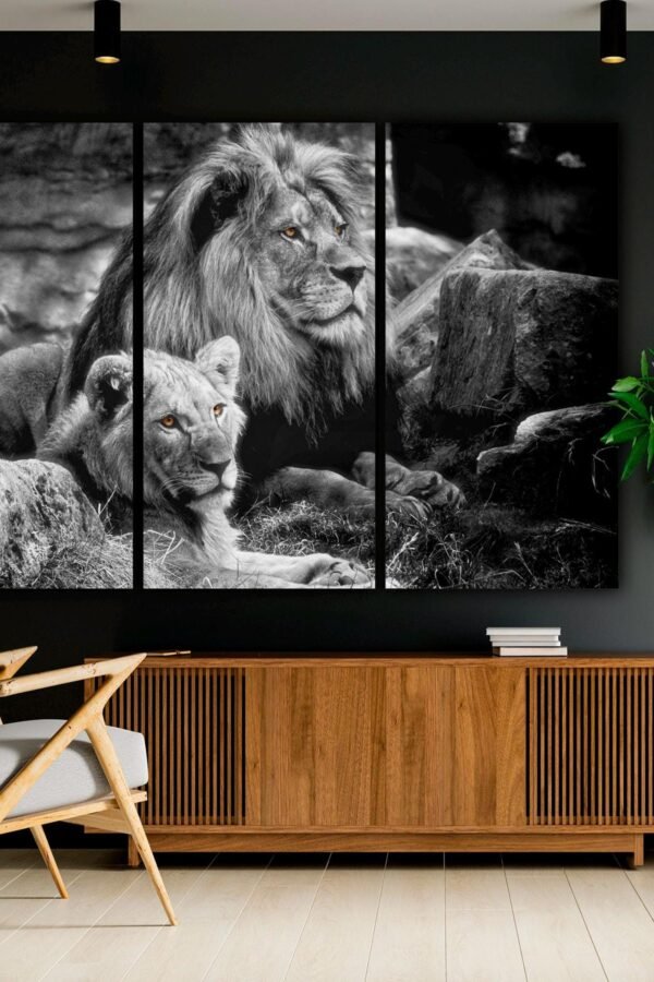 3-Panel Canvas, Lion Art, Wild Animals Print, Painting, Wall Decor, Multi Panel Lion Large Art Canvas Ready To Hang