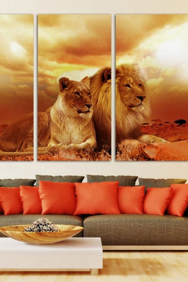 3 Panel Canvas Split, Majestic African Lion & Lioness Pair Resting, Wall Art, Lion Art For New Home Or Office, Canvas Ready To Hang