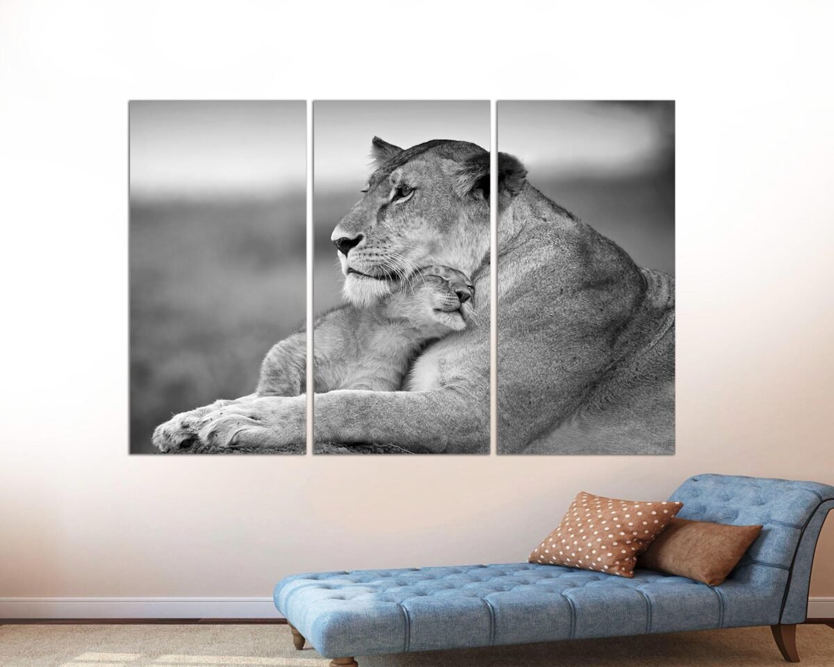 3 Panel Canvas Split, Majestic African Lion & Lioness, Wall Art, Great Lion Art For New Home Office, Canvas Ready To Hang