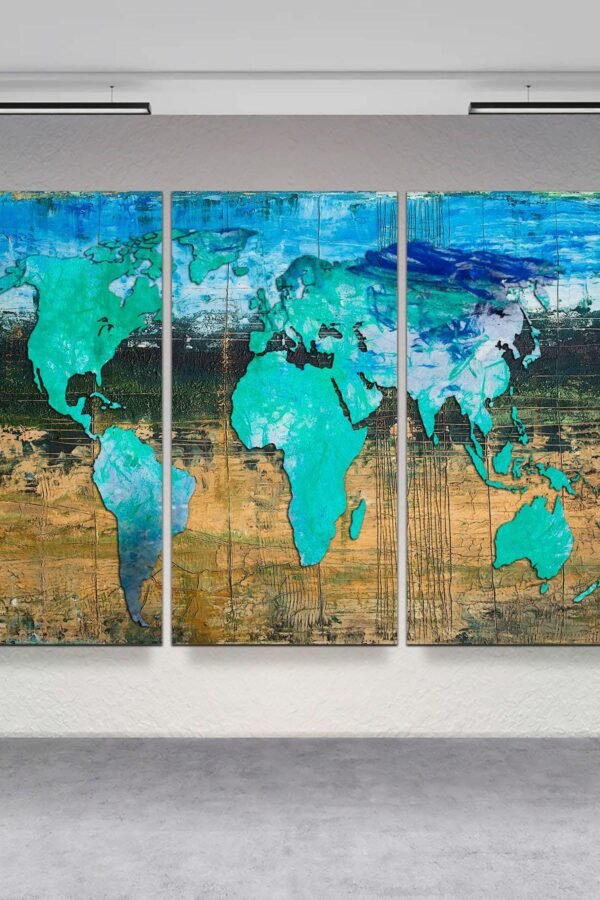 3-Panel Split Canvas, Abstract World Map Print, Modern Wall Art For Wall, Of The Canvas Ready To Hang