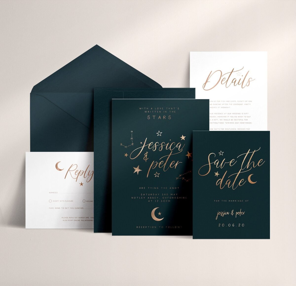 3-Piece Celestial Wedding Invitation Suite Sample, Moon & Stars, Rose Gold Foil, Constellation Invite, Starry Night Sample