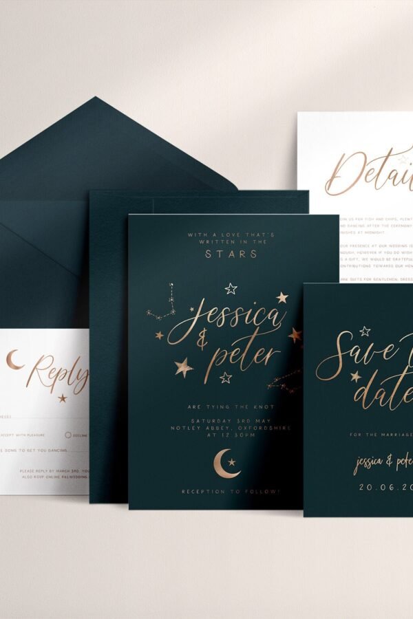 3-Piece Celestial Wedding Invitation Suite Sample, Moon & Stars, Rose Gold Foil, Constellation Invite, Starry Night Sample