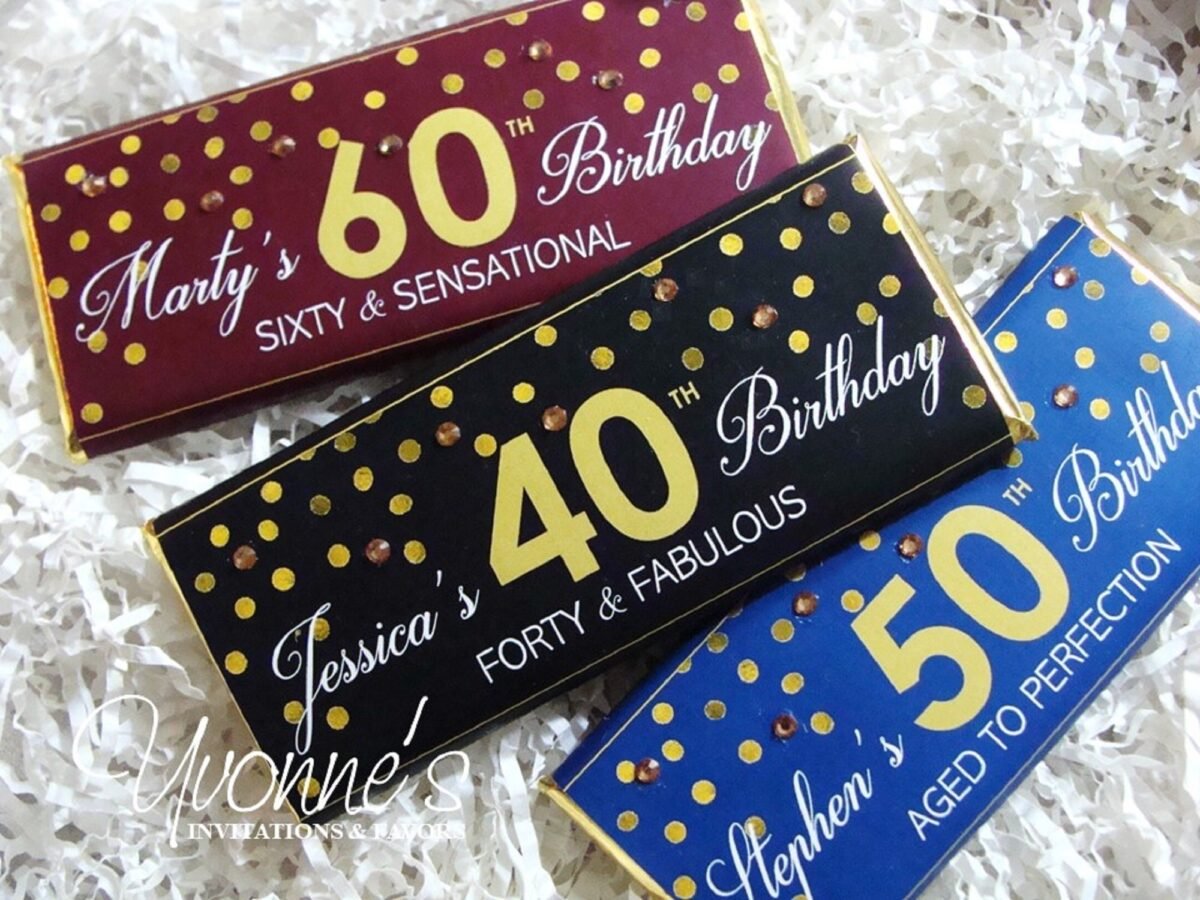 30Th 40Th 50Th 60Th Adult Birthday Candy Bar Wrappers Assembled With Chocolate Bars-Party Favors-Gold Confetti-Black, Burgundy, Blue