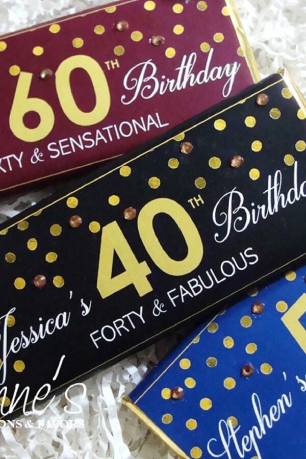30Th 40Th 50Th 60Th Adult Birthday Candy Bar Wrappers Assembled With Chocolate Bars-Party Favors-Gold Confetti-Black, Burgundy, Blue