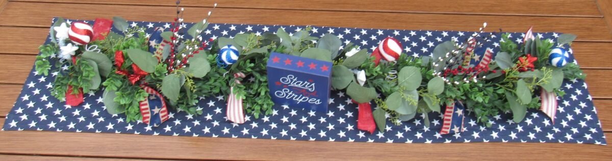 4Th Of July Table Centerpiece Stars & Stripes Runner Pip Berry Eucalyptus Garland Star Decor Patriotic Red Blue Greenery