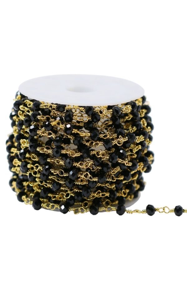 4x3mm Faceted Wire Wrapped Black Crystal Rosary Beaded Chain in Gold | 16.4 Feet Per Roll