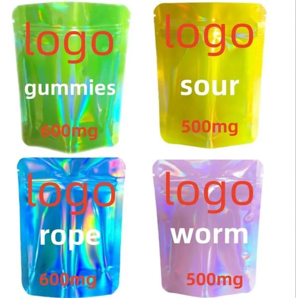 500mg 600mg Edible Gummy Gummies Packing Mylar Bags Sour Sour Brite Crawlers Worm Rope Bite Pouch Split Charging Fruit Flavors Candy Storage Packagng case New