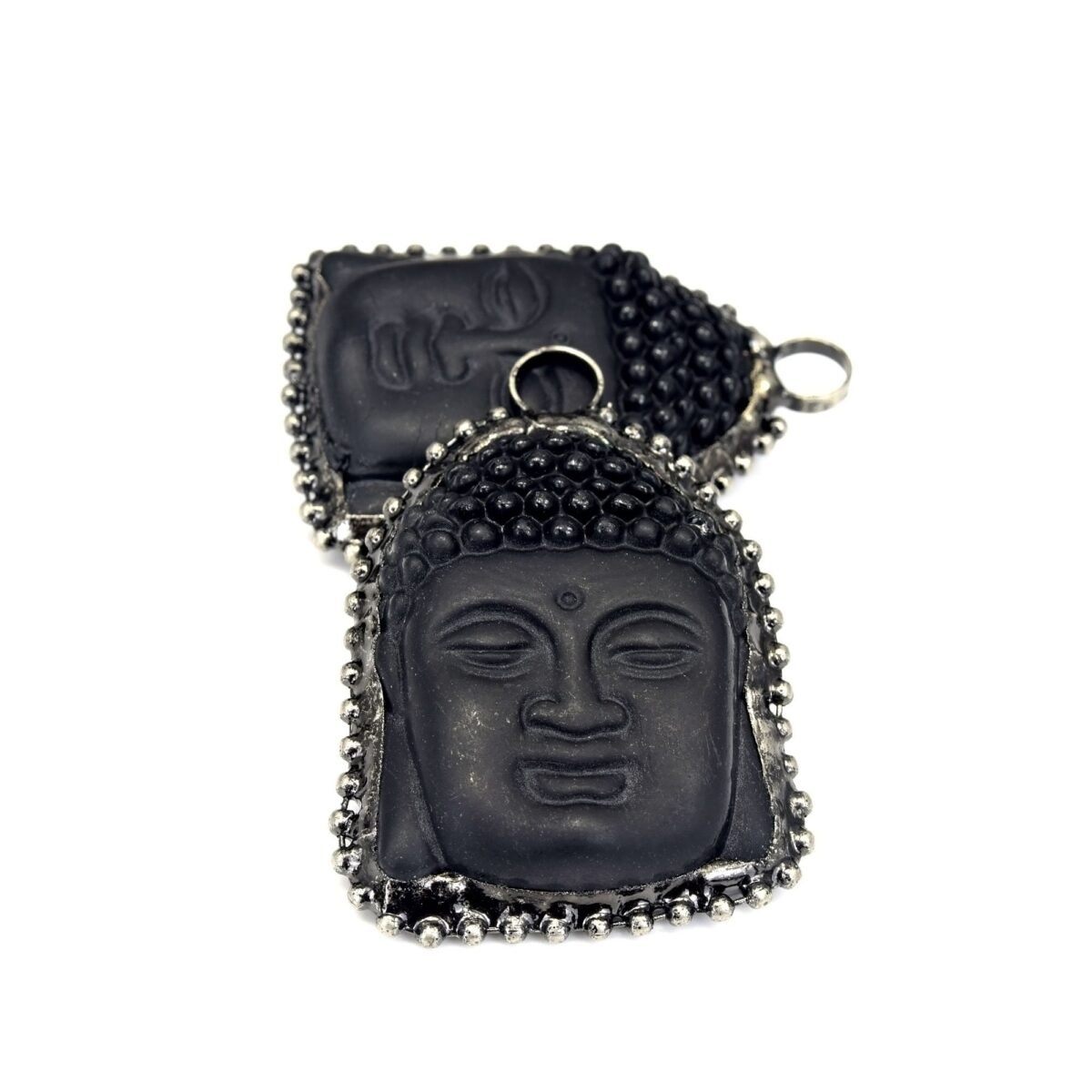 52x41mm Handmade Matte Onyx Wrapped in Gunmetal With Ball Chain Buddha Pendant