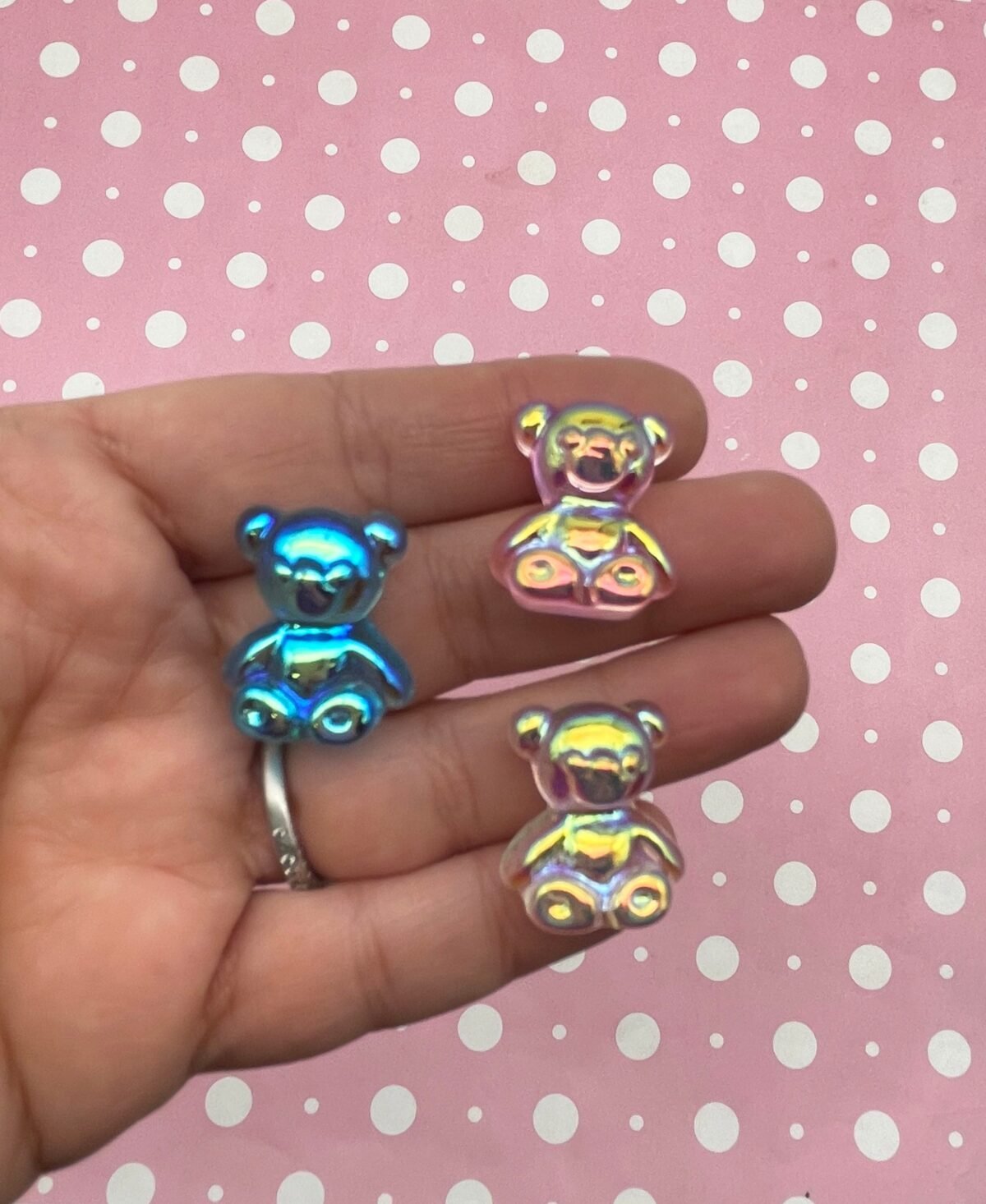6 Multicolor Ab Finish Flatbacked Resin Teddy Bear Cabochons, Flat Backed Acrylic Plastic Cabs #1167