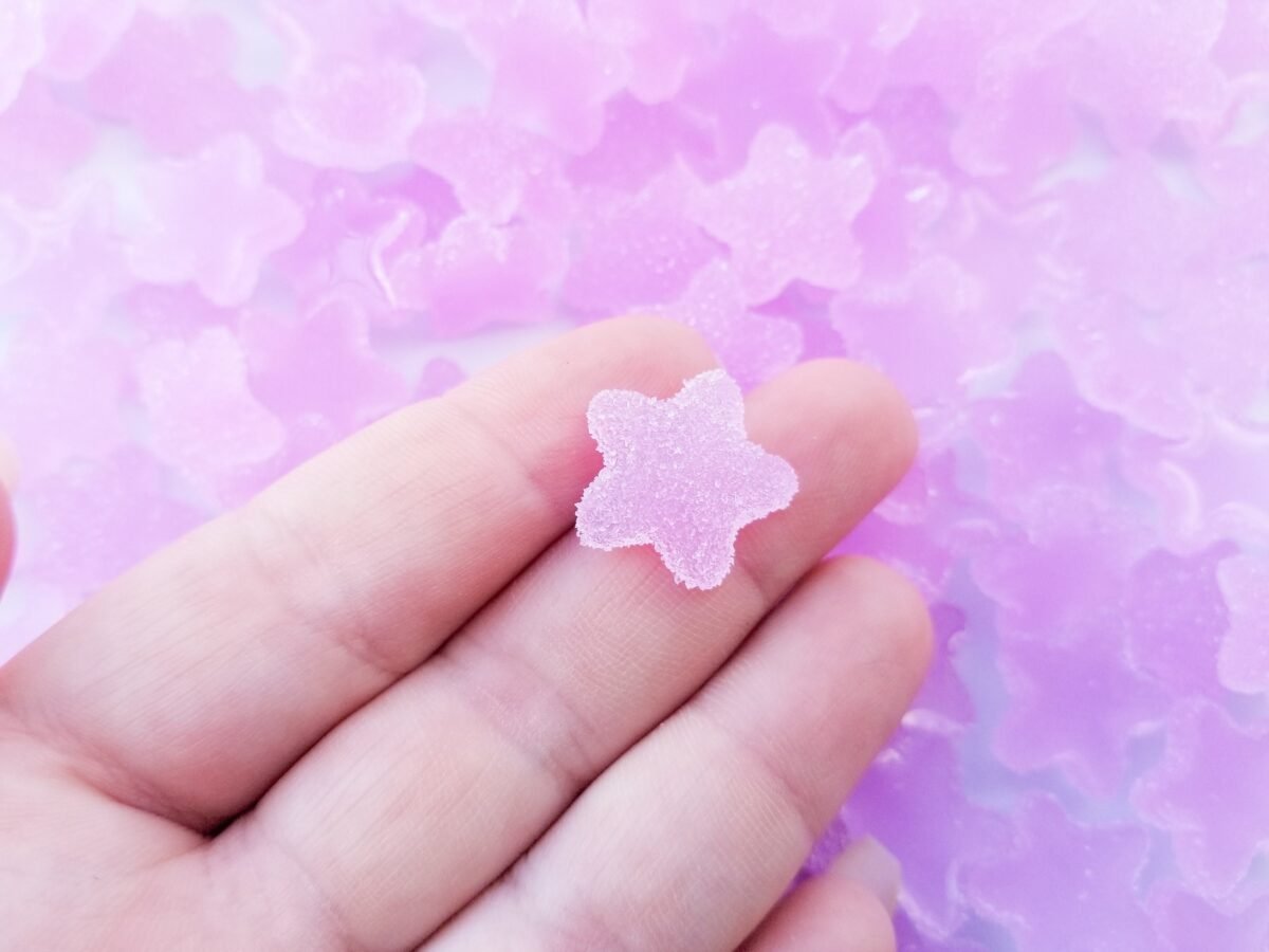 6 Pastel Purple Soft Flatbacked Resin Sugared Star Cabs, Gummy Candy Kawaii Cabochons, 18mm Flat Backed Cute Jelly Decoden Sweets 638