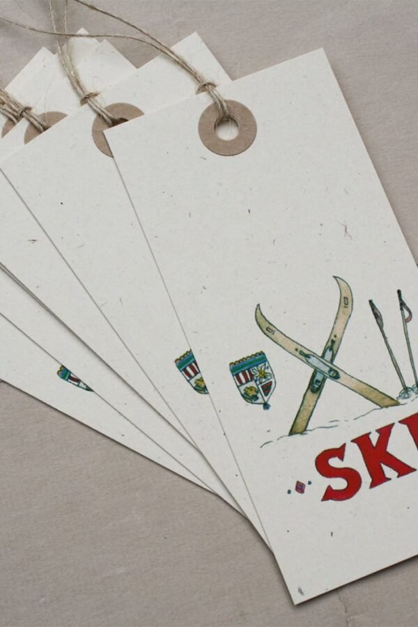 6 Ski Alpine Nordic Gift Tags, Cream Recycled Paper, Set Of 6, Large Jumbo Heavy Cardstock Oversize Tags
