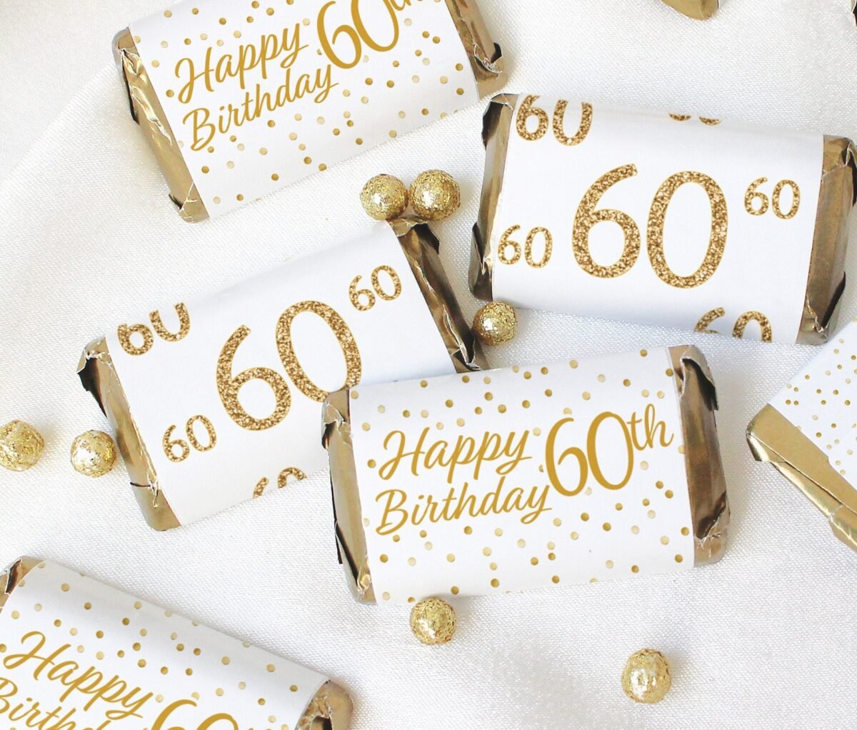 60Th Birthday Candy Wrappers For Miniature Chocolate Bars - White & Gold Party Favors 42 Stickers Decorations