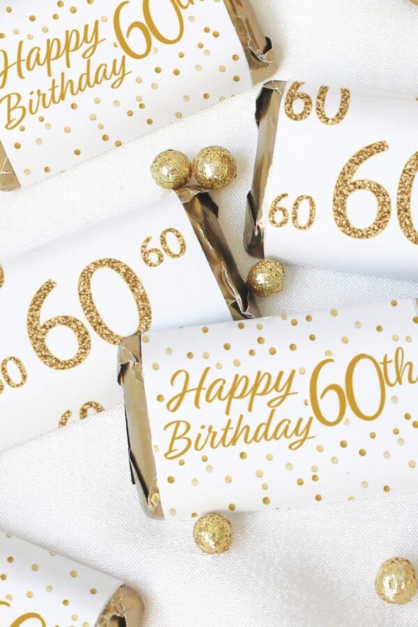 60Th Birthday Candy Wrappers For Miniature Chocolate Bars - White & Gold Party Favors 42 Stickers Decorations