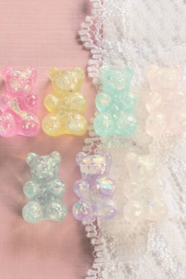 7 Pcs Assorted Realistic Embedded Holographic Confetti Glitter Galaxy Gummy Bear Cabochons - 17x10mm