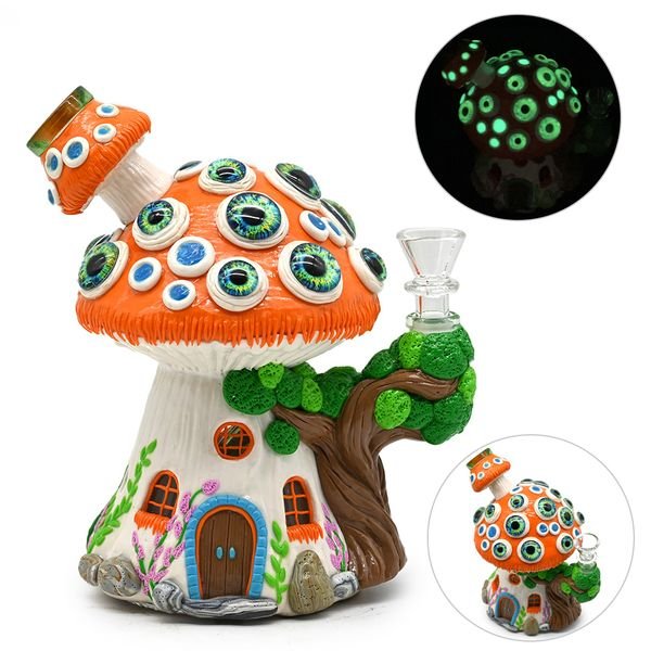 7.4in,HippiesGlass,Glass Bong With Cute Mushrooms House,Devil's Eye,Glow In Dark,Glass Water Pipe With Cute Shell,Hand Painted,Polymer Clay Cartoon Glass Smoking Item