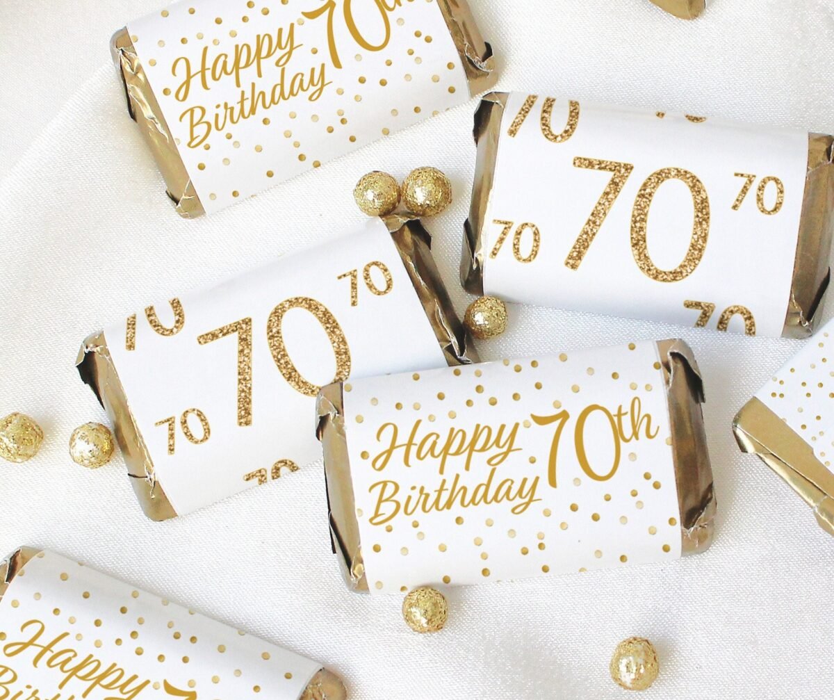 70Th Birthday Candy Wrapper Labels For Miniature Chocolate Bars, White Gold Stickers Party Favors, Happy Mom Dad Women Men 42Ct